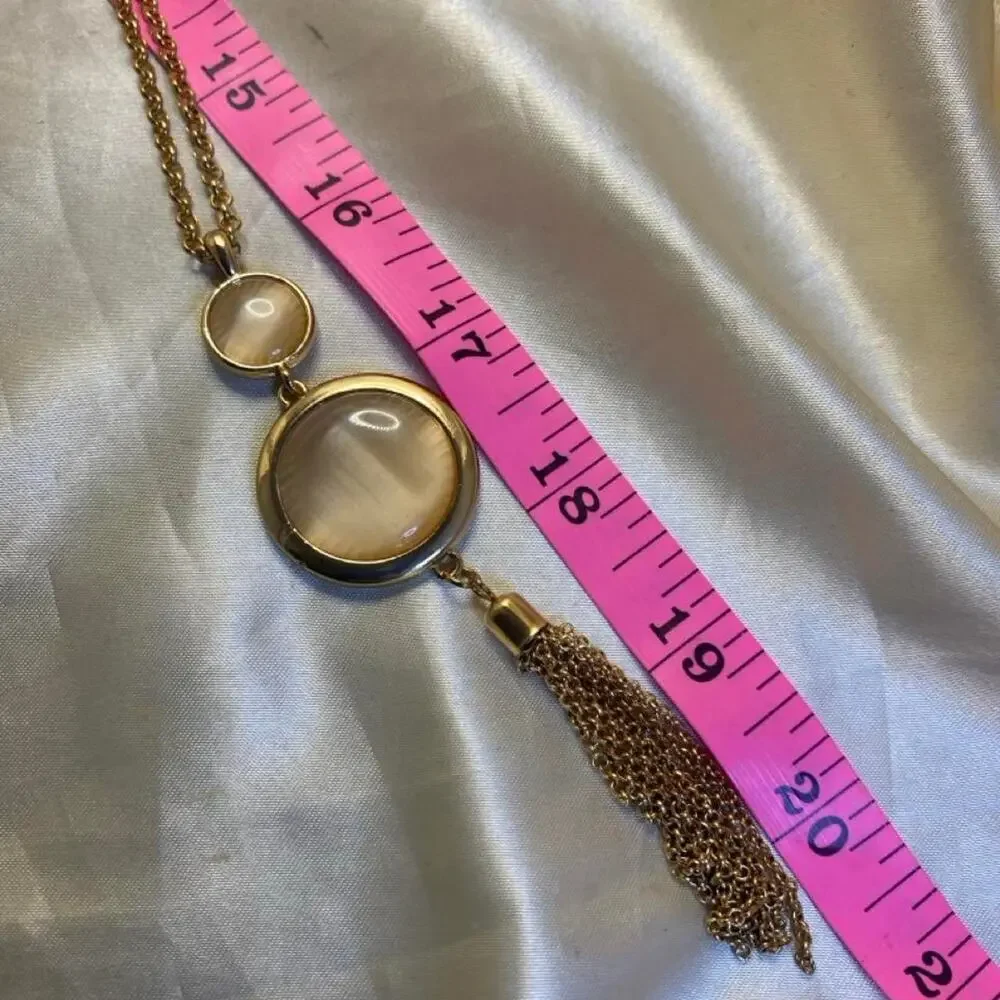 Vintage 1970s Gold Tone Long Tassel Necklace Smoky Lucite Pendant Boho Retro